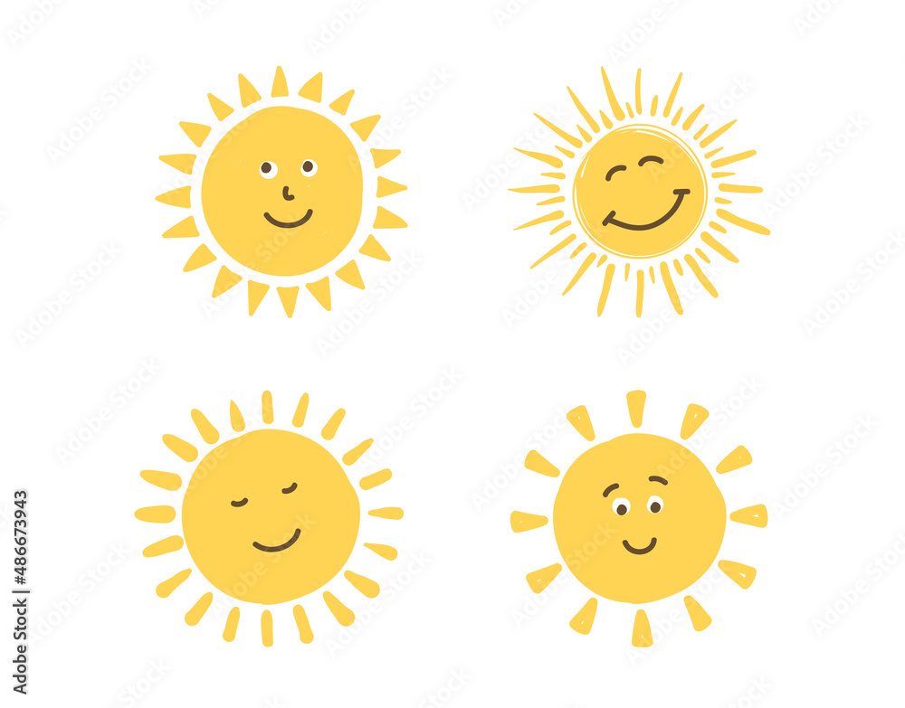 Cute handdrawn smiling suns on white background Cute handdrawn smiling suns on white background