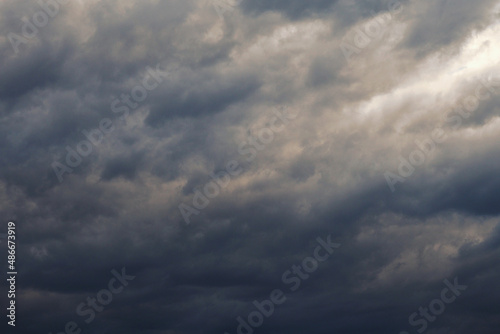 Dark gray heavy clouds in the sky before a thunderstorm. Dramatic spectacular backdrop or wallpaper. Natural grim menacing background. Ahead of a storm or cataclysm. Beastly nasty weather. Overcast