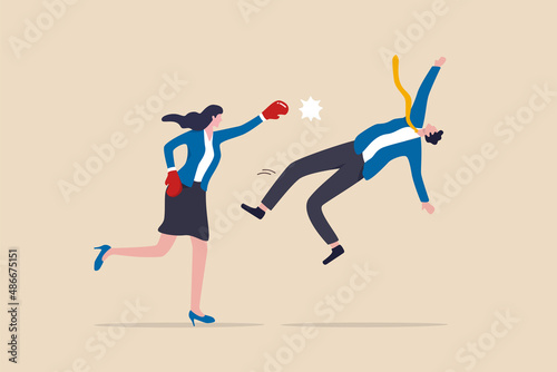 Success businesswoman winning business competition, woman leadership or challenge to overcome or defeat enemy concept, strong confidence businesswoman leader punch a businessman to knockout winning.