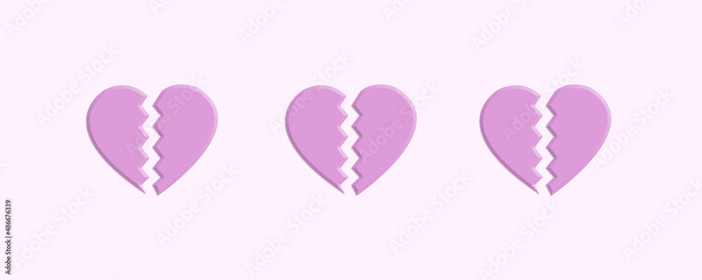 Banner of three broken drawn pink hearts on a lilac background Banner of three broken drawn pink hearts on a lilac background