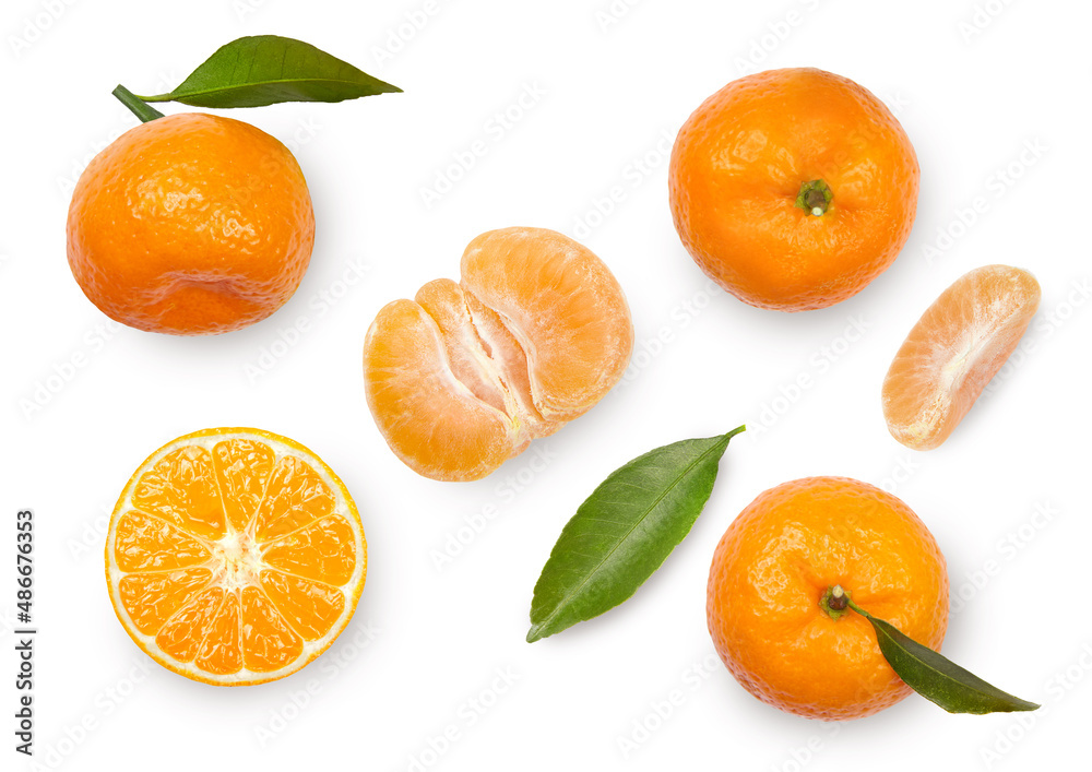 Set of tangerines isolated on white background. Whole and sliced tangerines with leaves. Top view. Set of tangerines isolated on white background. Whole and sliced tangerines with leaves. Top view.