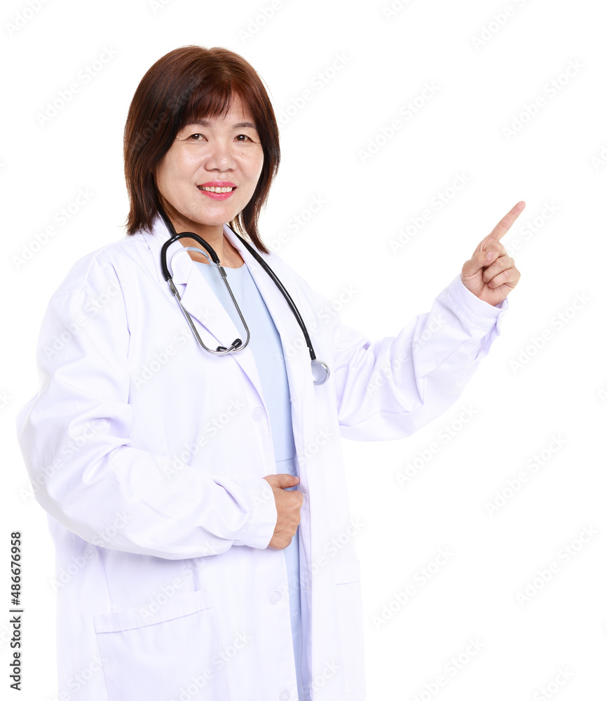 Portrait studio closeup cutout isolated shot Asian professional senior female doctor model in lab coat uniform smiling wearing holding stethoscope listening to patient heartbeat on white background Portrait studio closeup cutout isolated shot Asian professional senior female doctor model in lab coat uniform smiling wearing holding stethoscope listening to patient heartbeat on white background