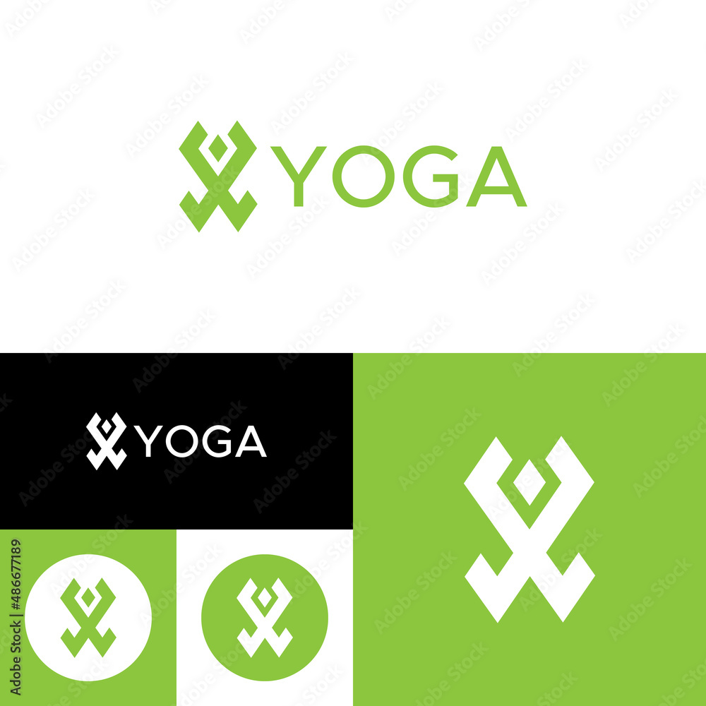 Geometrical yoga logo. Abstract shape. Yoga icon and silhouette. Vector illustration.Green, black and white color. Geometrical yoga logo. Abstract shape. Yoga icon and silhouette. Vector illustration.Green, black and white color.