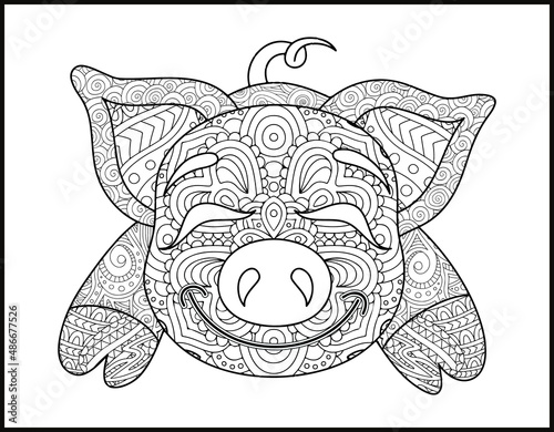 Drawing zentangle pig for coloring book for adult,
Pig mandala coloring page.