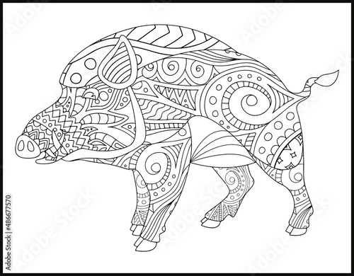 Drawing zentangle pig for coloring book for adult, Pig mandala coloring page. © KDP
