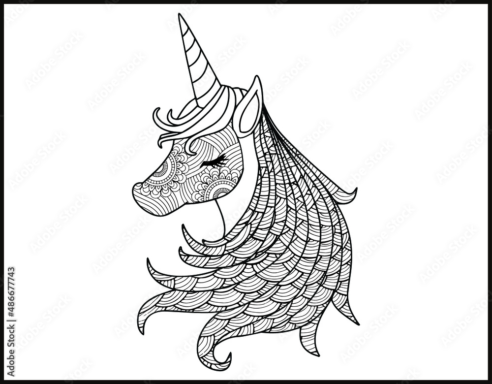 Unicorn Mandala vector and coloring page, doodle stylized unicorn head ...