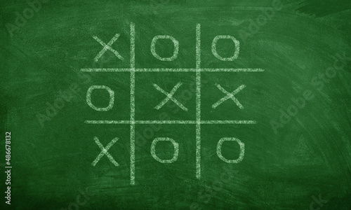 Hand-Drawn Tic-Tac-Toe Game on Chalkboard Symbolizing Strategy and Success in Business Concept