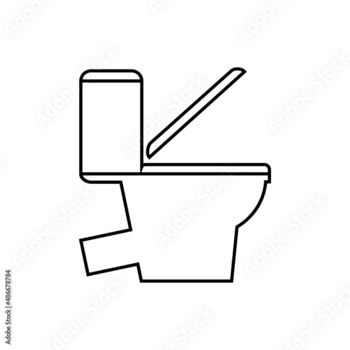 Toilet bowl icon. Vector illustration of toilet with open seat cover. Linear web pictogram isolated on white background. WC symbol, logo. Outline drawing.
