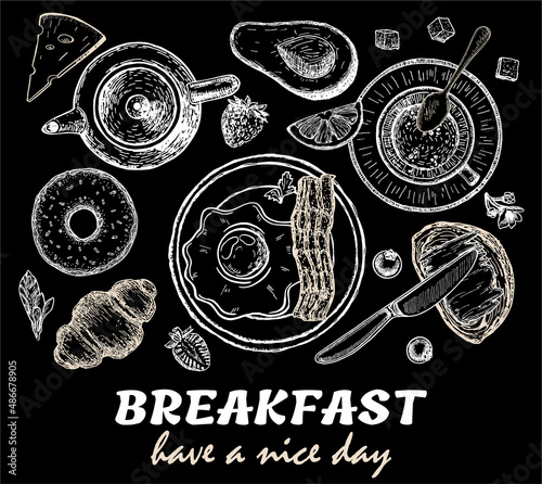 Breakfast top view frame. Morning food menu design. Breakfast dishes collection. Vintage hand drawn sketch, vector illustration. Menu or signboard template for bakery and cafe. Black background.