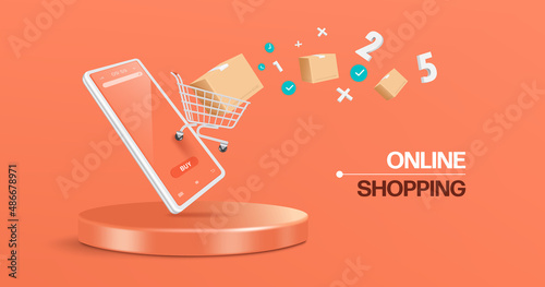 Number of orders and parcels floated from the shopping cart on the white smartphone screen and all floating above the round podium,vector 3d isolated on pastel orange background for online shopping