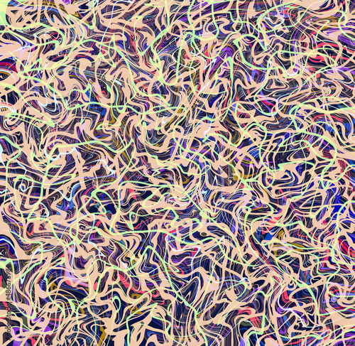 Abstract pattern of chaotic irregular intertwined threads, ropes, twines, fibers of tangled mesh Peach, red, blue colors