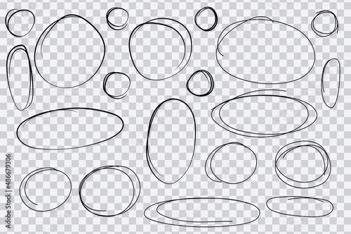 Hand drawn circle and oval outline set on transparent background. Pencil lines can be used in many forms of work.