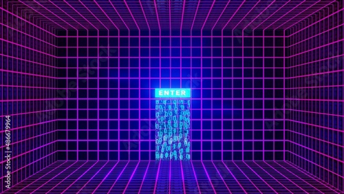 Enter or door to metaverse concept. Metaphor for entering metaverse space. VR concept, sci-fi room blue light squares shapes. Web 3.0 representation. 3d render photo