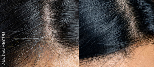 Compare grey hair on Asian woman head before and after dyed, close up.