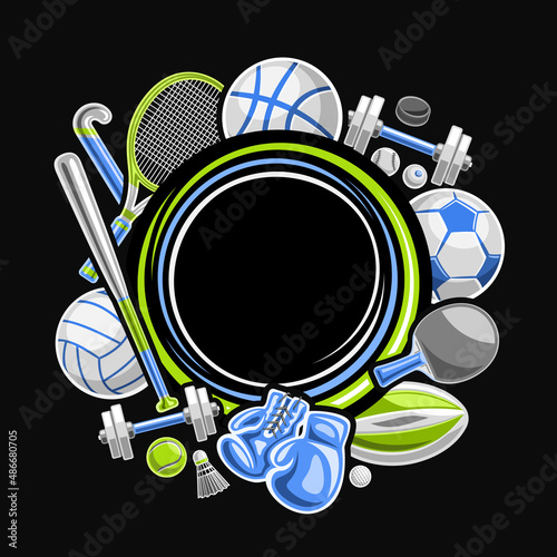Vector Frame for Sports Equipment with copy space for text, decorative advertising concept with illustration of various summer sport gear, leather boxing gloves, tennis racquets on black background