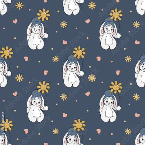 Cute rabbit with yellow balloons. Sunflower. Valentines day. Seamless pattern. Background. Romantic illustration