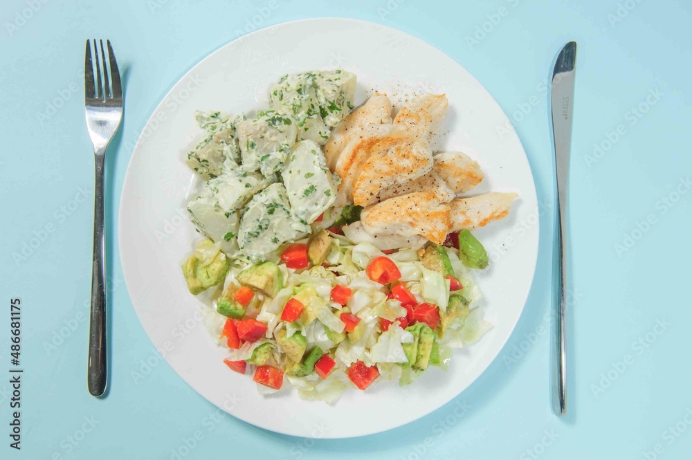 Stewed chiken with boiled potato on the plate. Stewed chiken with boiled potato on the plate.