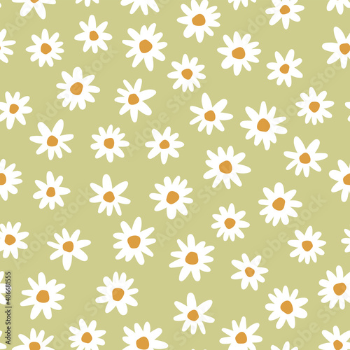 Vector seamless pattern with daisies and green background