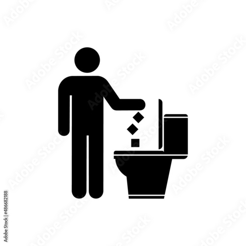 Litter in the toilet icon. Vector illustration of man throwing rubbish in toilet. Throwing trash symbol. Keep clean in public place. Throw garbage in bin. Flat design.