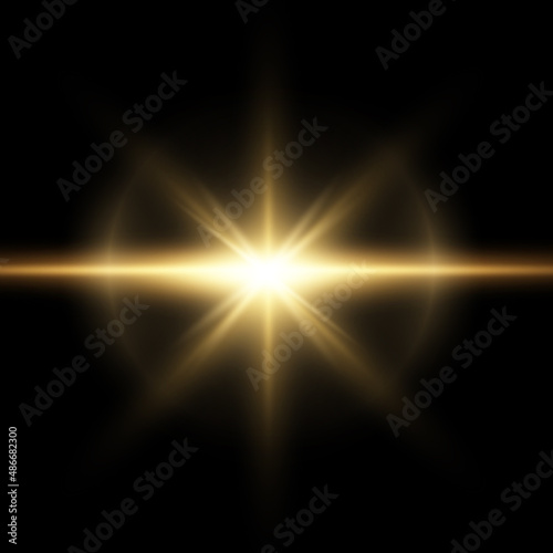 Bright beautiful star with light. Light effect vector illustration on black background.