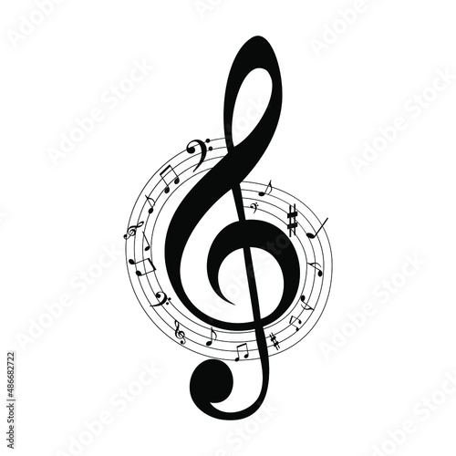 Treble clef and notes ,black sign on white background,vector illustration