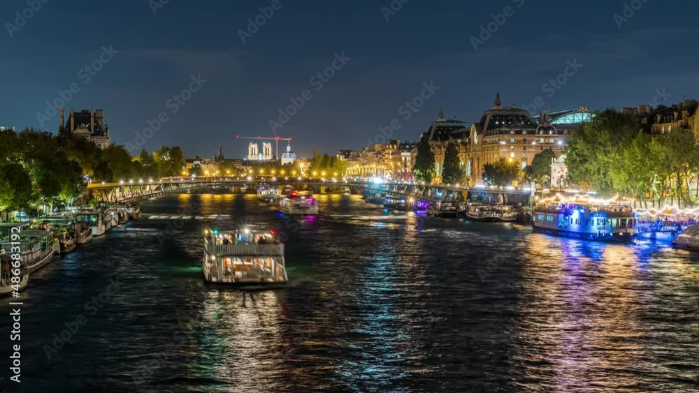 Night Cruises over Seine River at Paris Famous Monuments Traffic and Bridges Night Cruises over Seine River at Paris Famous Monuments Traffic and Bridges