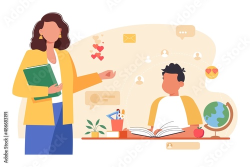 Teacher and boy are studying flat vector illustration. Educational process  learning concept. Female elementary school teacher helping in learning to boy male pupil schoolboy during lesson at school.