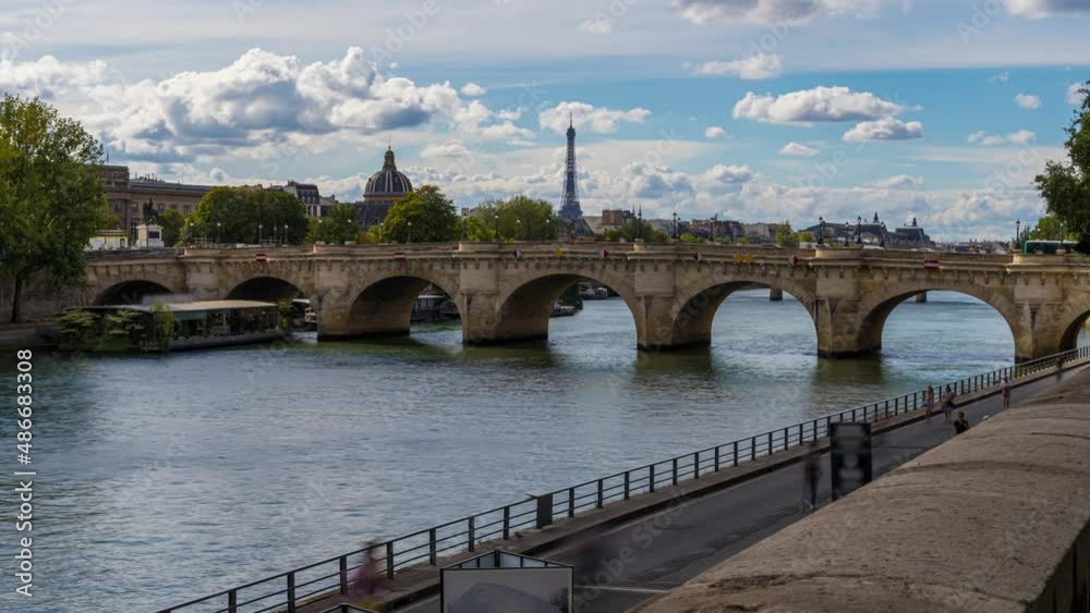 Sunny Day with Cloudy Sky Over Paris Touristic Center Seine River and Boats Docks Sunny Day with Cloudy Sky Over Paris Touristic Center Seine River and Boats Docks