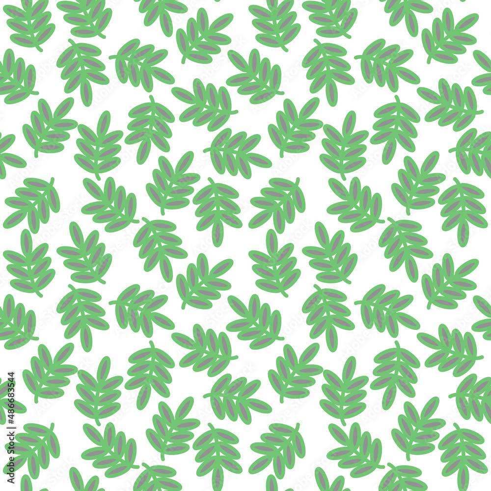 Seamless abstract floral pattern. Grey, green, white. Vector illustration. Botanical texture. Chaotic leaves ornament. Design for textile fabrics, wrapping paper, background, wallpaper, cover.