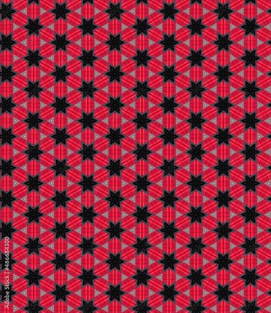 Background seamless pattern from star figures red and black colored. Geometric design template with symmetric round and triangle ornament Background seamless pattern from star figures red and black colored. Geometric design template with symmetric round and triangle ornament
