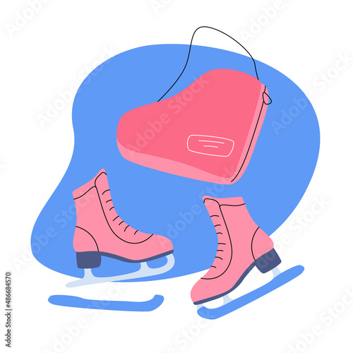 Isolated illustration of a skate bag and skates with covers. Everything for the girl's training at the rink. Or for sports competitions. A simple minimalistic illustration in a flat style.