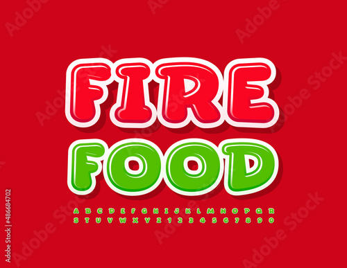 Vector bright emblem Fire Food. Green modern Font. Glossy creative Alphabet Letters and Numbers set