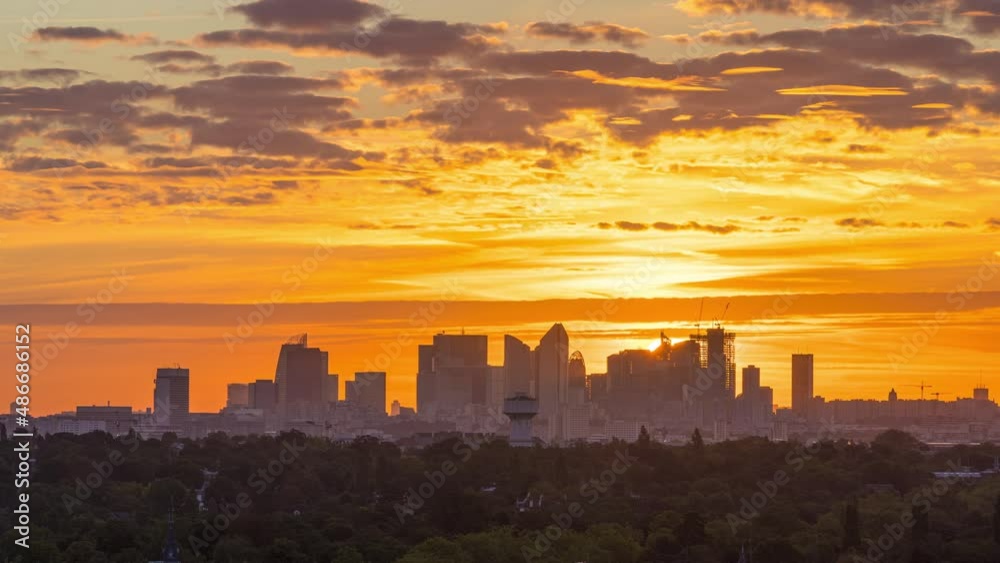 Sunny Beginning of Day Over La Defense Business District Powerful Lights Buildings and Towers Sunny Beginning of Day Over La Defense Business District Powerful Lights Buildings and Towers