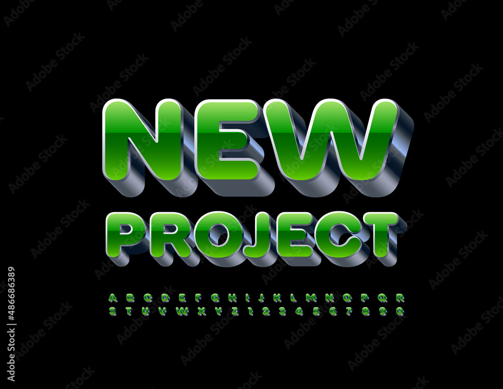 Vector modern sign New Project with Green and Metal Font. 3D Alphabet ...