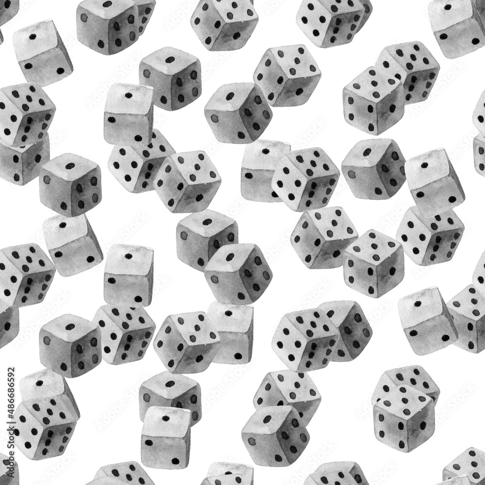 Background, banner and wallpaper for design. A board game cube, watercolor dice from different angles, chaotically on a white background. Seamless Pattern Background, banner and wallpaper for design. A board game cube, watercolor dice from different angles, chaotically on a white background. Seamless Pattern