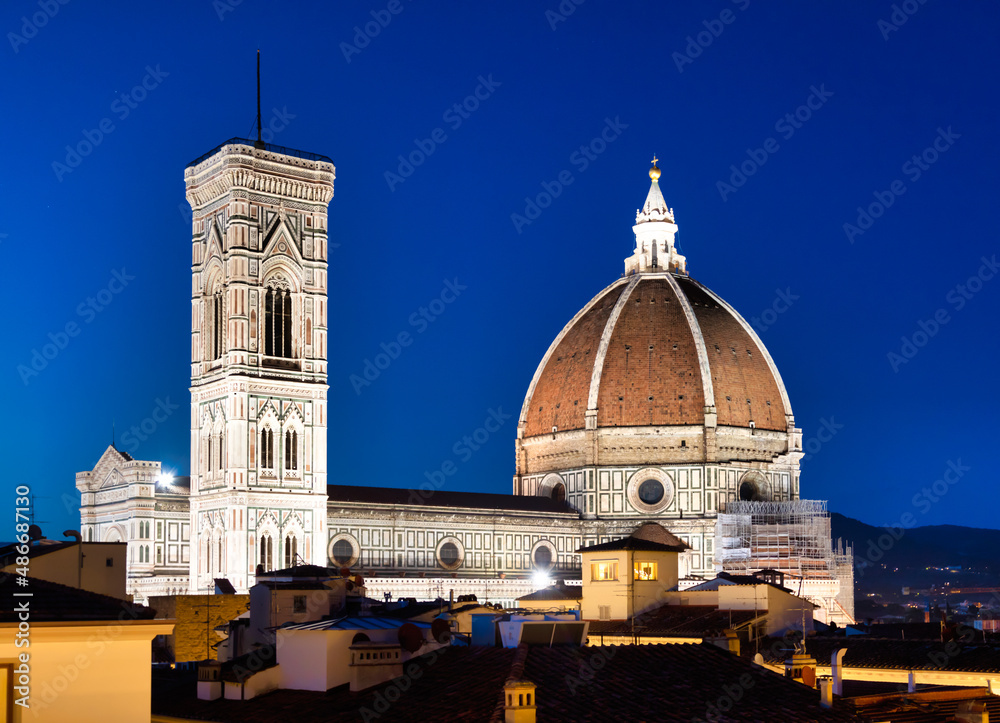 Florence Duomo and Campanile - Bell Tower - architecture illuminated by night, Italy. Urban scene in exterior - nobody.