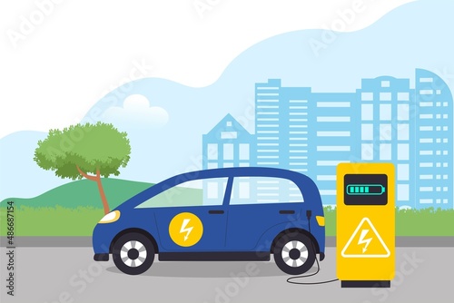 Fototapeta Naklejka Na Ścianę i Meble -  Electric car at charging station with natural landscape. Eco city, futuristic transport, green energy, green environment, ecology, sustainability, clean air  concept. Vector illustration in flat style