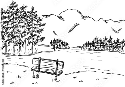 Hand drawn vintage sketch. Landscape mountains and forest image. Black outline silhouette on transparent background. Eps horizontal print for t shirt, wallpaper, label, card