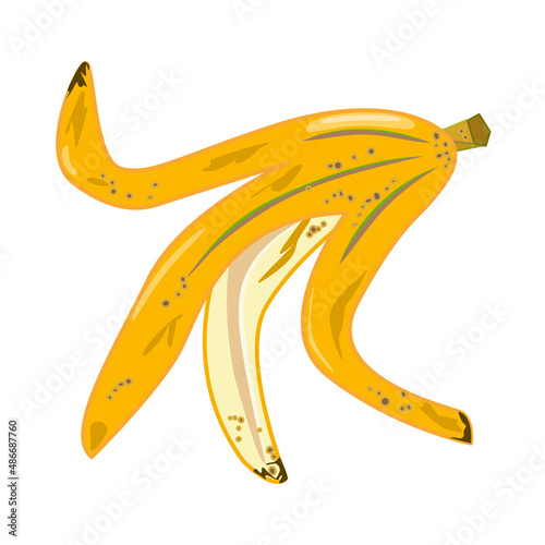 Banana peel isolated on white background. Peeled banana icon. Trash and rubbish symbol. Rotten skin of sweet tropical fruit. Organic garbage for compost. Food leftover waste. Stock vector illustration