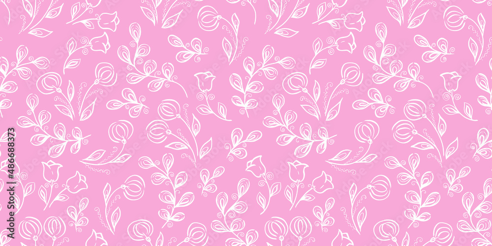 Spring Seamless Pattern. Floral elements in doodle style. Pink background. Provence tropical White leaves. Tulip and dandelion Flowers. Wedding Patterns with leaf Spring Seamless Pattern. Floral elements in doodle style. Pink background. Provence tropical White leaves. Tulip and dandelion Flowers. Wedding Patterns with leaf