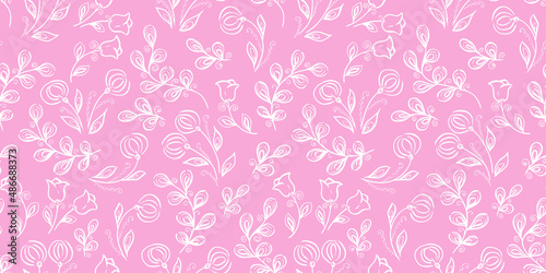 Spring Seamless Pattern. Floral elements in doodle style. Pink background. Provence tropical White leaves. Tulip and dandelion Flowers. Wedding Patterns with leaf