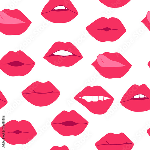 lips with pink lipstick seamless pattern. mouth vector illustration hand drawn in cartoon style.