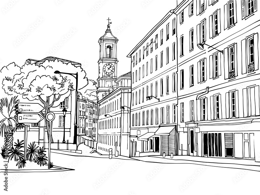 Old street in hand drawn sketch style. Nice, Provence, France. Vector illustration. Line Art. Nice European city. Black and white urban landscape on white background. Without people.