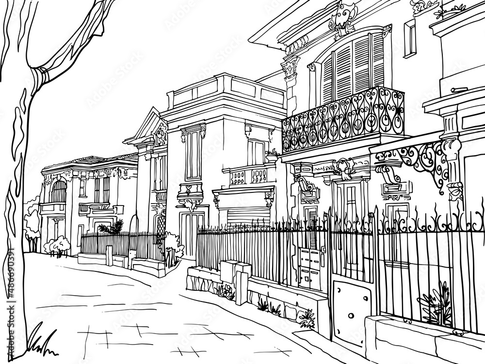 Beautiful Old street in hand drawn sketch style. Nice, Provence, France. Vector illustration. Line Art. Nice European city. Black and white urban landscape on white background. Without people.