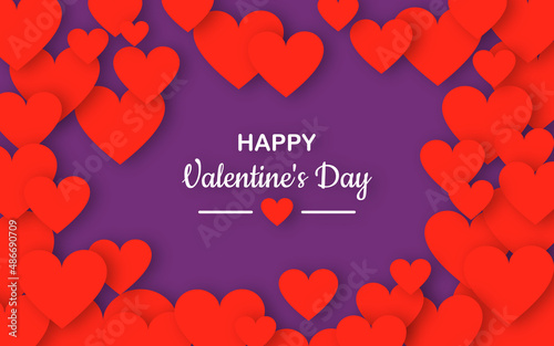 Valentine's day modern poster design. Greeting horizontal stylish card with red hearts on purple background in paper cut style.