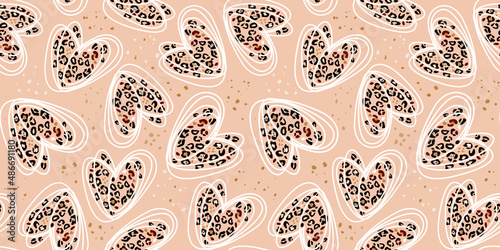 Heart signs seamless pattern and stylized leopard pattern inside the heart. Pink concept background Love, beauty, fashion. One continuous line drawing and spots of animal skin.