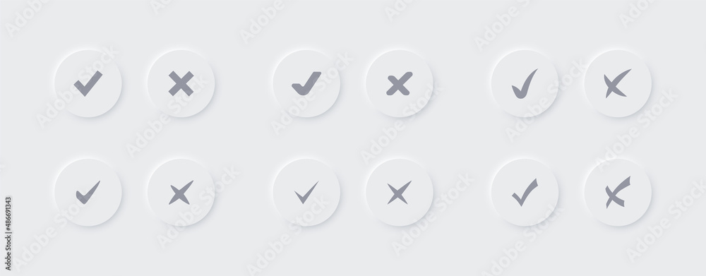 Check Mark and crosses set in neumorphic style. UI design for Apps, Websites, Interfaces, Social Media. Vector EPS 10.