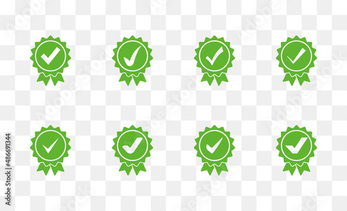 Checkmark icon set. Green approved star sticker collection. Vector illustration