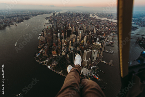 New york and Manhattan view from the helicopter. Tour on an Open doors off helicopter