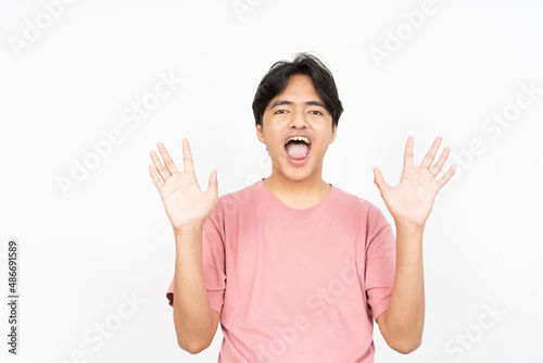 Smile and happy of asian man Wearing T-shirt isolated on white background